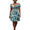 Woman wearing blue and teal Ikat print cold shoulder mini dress with V-neck and ruffles. Tropical A-line summer sundress