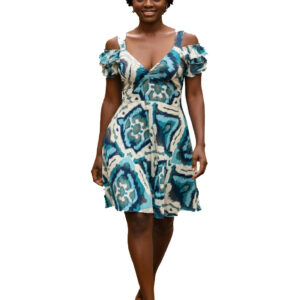 Woman wearing blue and teal Ikat print cold shoulder mini dress with V-neck and ruffles. Tropical A-line summer sundress
