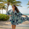 Flowy Bohemian Kaftan Dress in Navy Paisley Print; perfect Miami Resort Wear style.