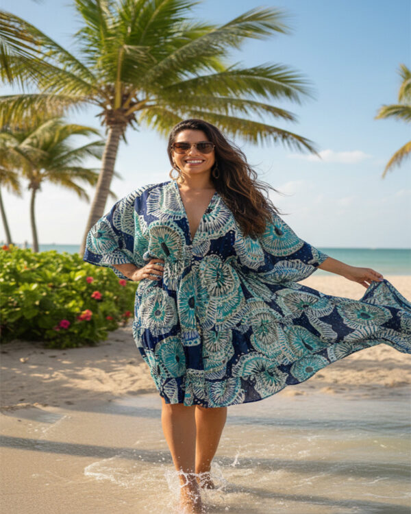 Flowy Bohemian Kaftan Dress in Navy Paisley Print; perfect Miami Resort Wear style.