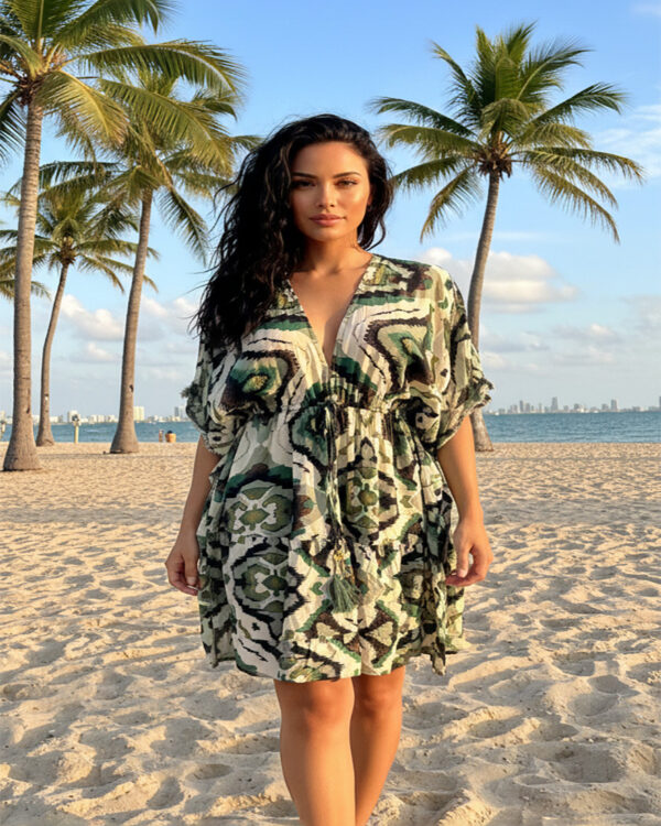 Flowy Bohemian Kaftan Dress in Navy Paisley Print; perfect Miami Resort Wear style.