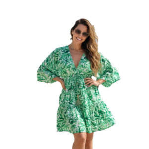 Flowy Bohemian Kaftan Dress in Navy Paisley Print; perfect Miami Resort Wear style.
