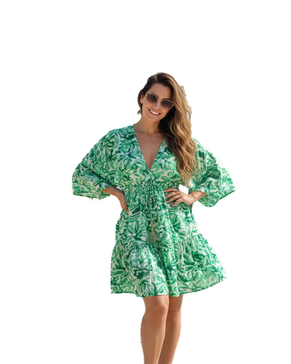 Flowy Bohemian Kaftan Dress in Navy Paisley Print; perfect Miami Resort Wear style.