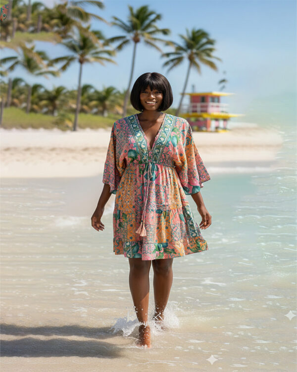 Flowy Bohemian Kaftan Dress in Navy Paisley Print; perfect Miami Resort Wear style.