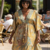 Flowy Bohemian Kaftan Dress in Navy Paisley Print; perfect Miami Resort Wear style.
