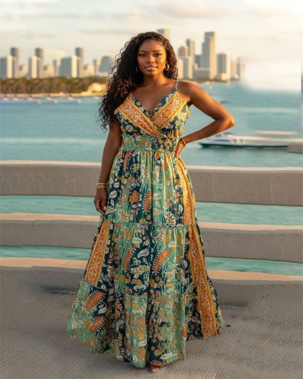 Woman with curly hair wearing a blue paisley tiered boho maxi dress with a V-neck and smocked waist, posing against a white background.