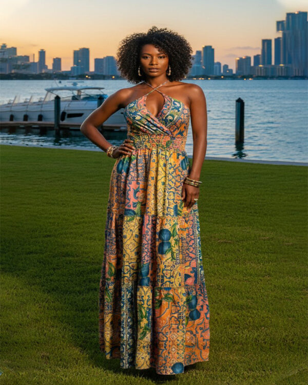 Woman with curly hair wearing a blue paisley tiered boho maxi dress with a V-neck and smocked waist