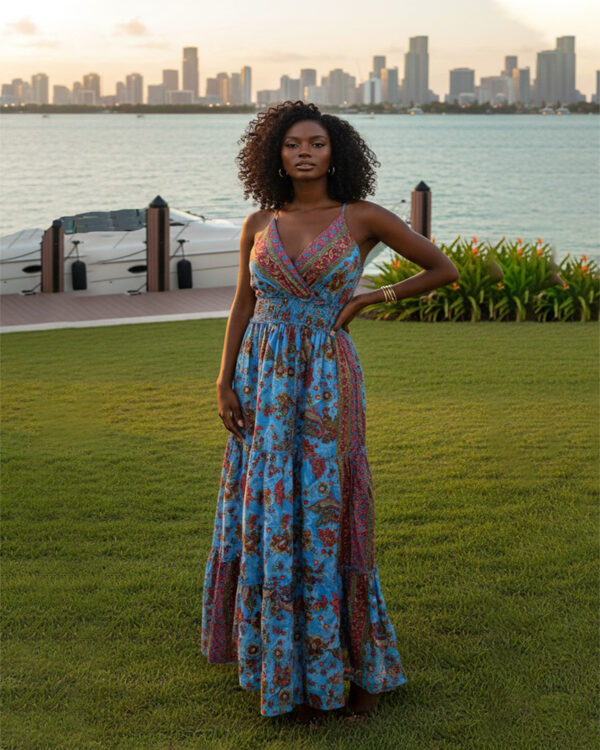 Woman with curly hair wearing a blue paisley tiered boho maxi dress with a V-neck and smocked waist